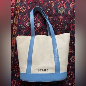STAUD Cream Tote with Light Blue Leather Trim